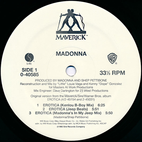 Madonna ‎– Erotica - VG+ 12" Single Record 1992 Maverick Sire Warner USA Original Vinyl - Pop / Dance-pop / Garage House