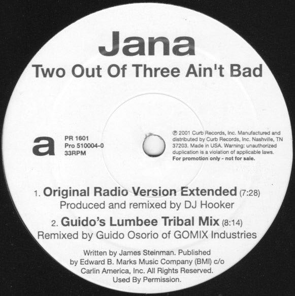 Jana - Two Out Of Three Ain't Bad - Mint- 12" Single Record 2001 Curb USA Promo Vinyl - House / Tribal House / Breakbeat