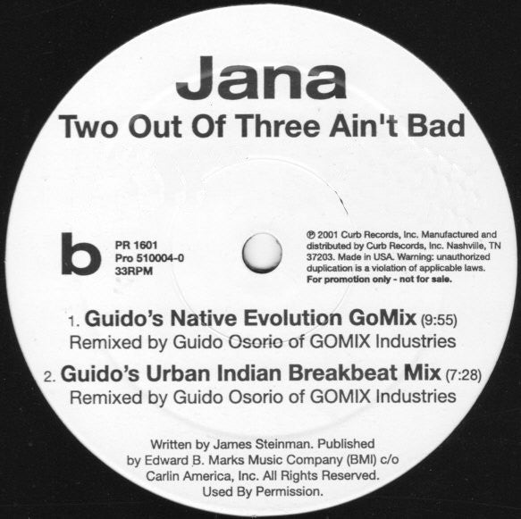 Jana - Two Out Of Three Ain't Bad - Mint- 12" Single Record 2001 Curb USA Promo Vinyl - House / Tribal House / Breakbeat