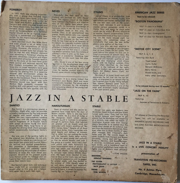 Herb Pomeroy - Jazz In A Stable - VG LP Record 1955 Transition USA Mono RARE Vinyl - Jazz / Bop / Cool Jazz - Shuga Records