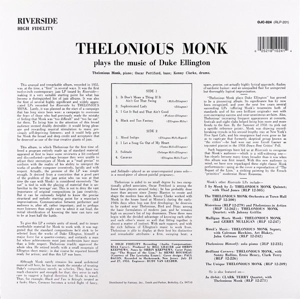 Thelonious Monk - Thelonious Monk Plays Duke Ellington (1955) - VG+ LP Record 2011 Riverside Original Jazz Classics Vinyl - Jazz / Bop
