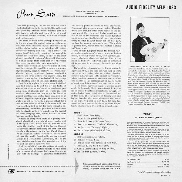 Mohammed El-Bakkar & His Oriental Ensemble - Port Said - Music Of The Middle East - VG+ LP Record 1957 Audio Fidelity Mono USA Vinyl - World Music / Middle East - Shuga Records