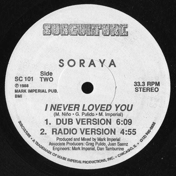 Soraya - I Never Loved You - VG 12" Single Record 1988 Subculture USA Vinyl - Chicago House / Freestyle