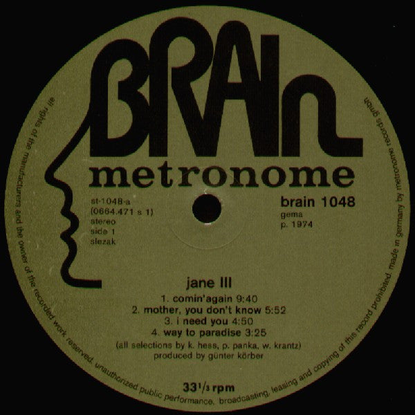 Jane - III - VG LP Record 1974 Brain Metronome Germany Vinyl Original - Krautrock / Prog Rock - Shuga Records