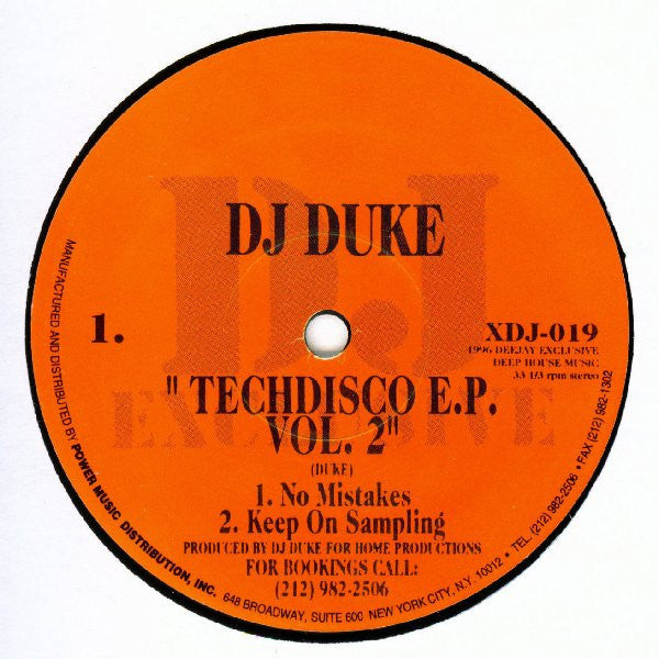 DJ Duke - Techdisco E.P. Vol. 2 - VG (Side A)(Side B Poor) 12" Single Record 1996 DJ Exclusive USA Promo Vinyl - House - Shuga Records