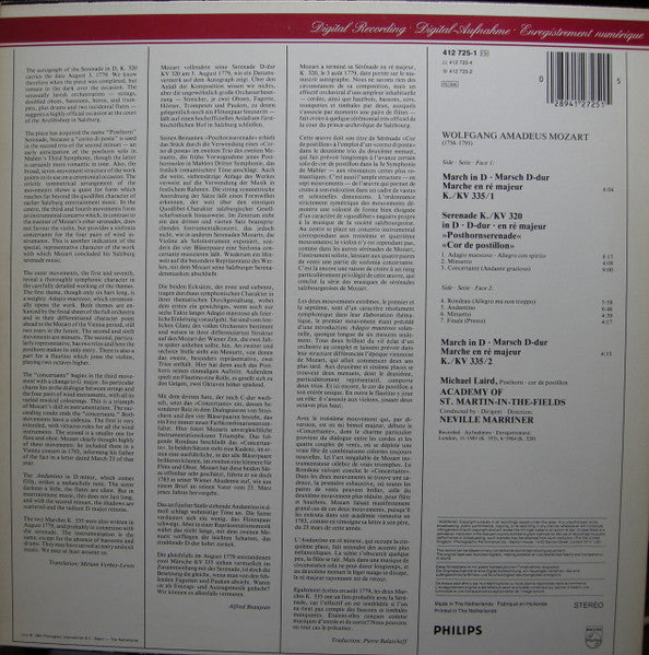 Neville Marriner - Mozart - Serenade KV320 "Posthorn" / 2 Marches - New (Saw Mark in Cover) LP Record 1984 Philips Digital Classics Netherlands Original Vinyl - Classical - Shuga Records