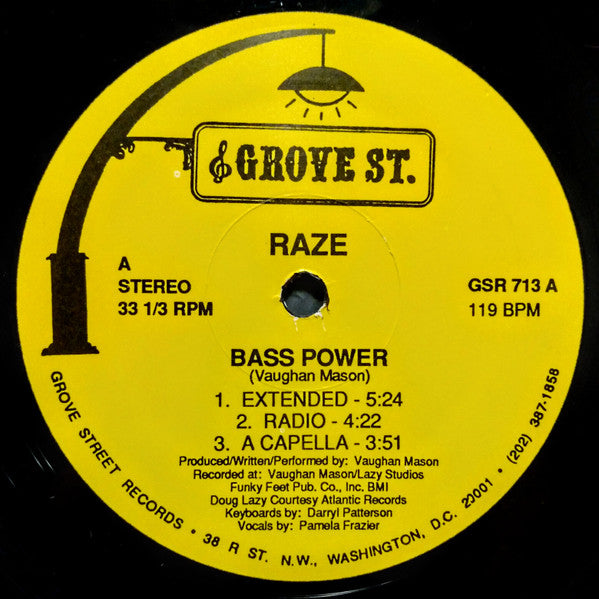 Raze - Bass Power - VG+ 12" Single Record 1991 Grove St. USA Vinyl - House / Electro - Shuga Records