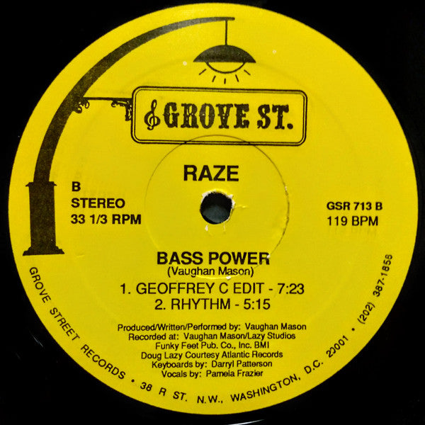Raze - Bass Power - VG+ 12" Single Record 1991 Grove St. USA Vinyl - House / Electro - Shuga Records