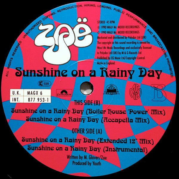 Zoë – Sunshine On A Rainy Day - VG+ 12" Single Record 1990 M&G Polydor WAU! Mr. Modo UK Vinyl - Synth-pop / Ambient - Shuga Records