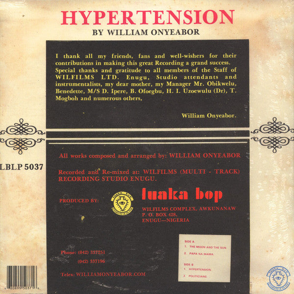 William Onyeabor - Hypertension (1982) - Mint- LP Record 2015 Luaka USA Vinyl - Nigerian Funk / Afrobeat