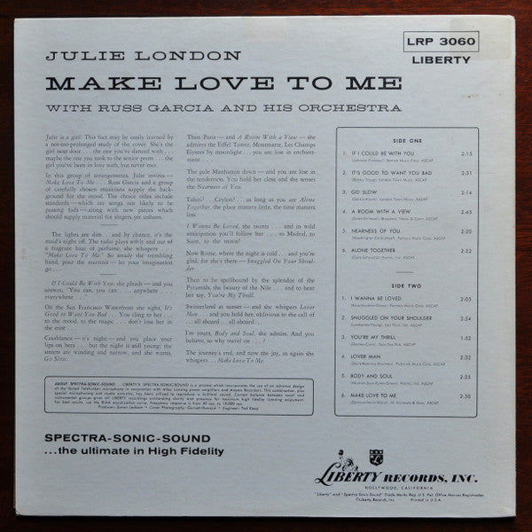 Julie London - Make Love To Me - VG+ (G- low grade cover) LP Record 1957 Liberty USA Mono Vinyl - Jazz / Pop Vocal - Shuga Records