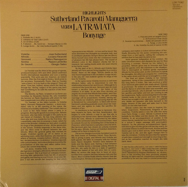 Bonynge - Sutherland, Pavarotti, Manuguerra Verdi - Highlights La Traviata - New LP Record 1981 London USA Vinyl - Classical / Opera - Shuga Records