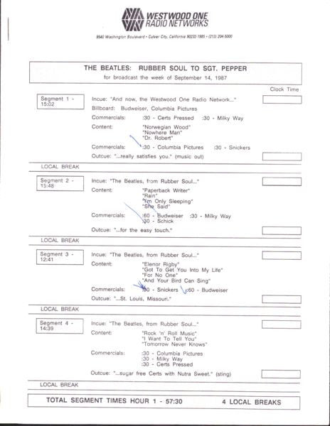The Beatles - The Beatles: Rubber Soul To Sgt. Pepper - VG+ 4 LP Record Set 1987 Westwood One USA Radio Transcription Vinyl, Packing, Cue Sheets & Insert - Pop Rock / Rock & Roll / Public Broadcast - Shuga Records
