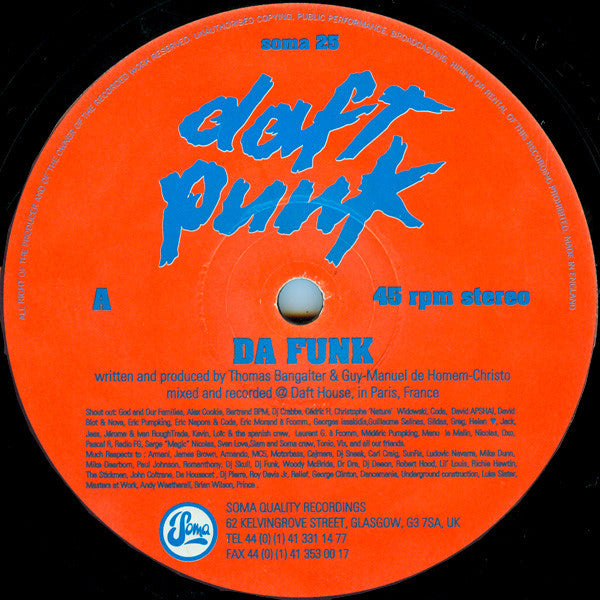Daft Punk - Da Funk - VG+ 12" Single Record 1995 Soma UK Original Vinyl - House / Techno - Shuga Records