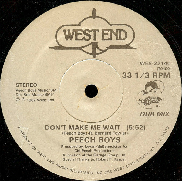 Peech Boys - Don't Make Me Wait - VG+ 12" Single Record 1982 West End Garage USA - Disco / Boogie / Funk - Shuga Records