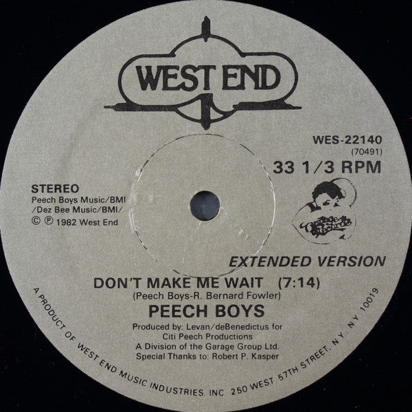 Peech Boys - Don't Make Me Wait - VG+ 12" Single Record 1982 West End Garage USA - Disco / Boogie / Funk - Shuga Records