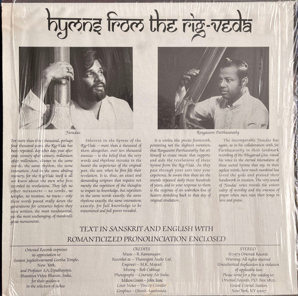 Rangasami Parthasarathy & Yesudas - Hymns From The Rig-Veda - VG+ LP Record 1979 Oriental USA Vinyl & Booklet - Indian Classical / World Music - Shuga Records
