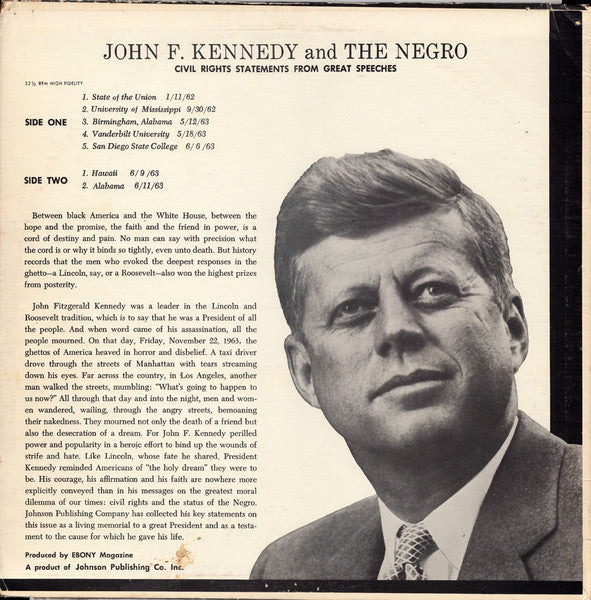 John F. Kennedy And The Negro - VG+ LP Record 1964 Ebony Magazine USA Vinyl - Political / Speech / / Spoken Word - Shuga Records