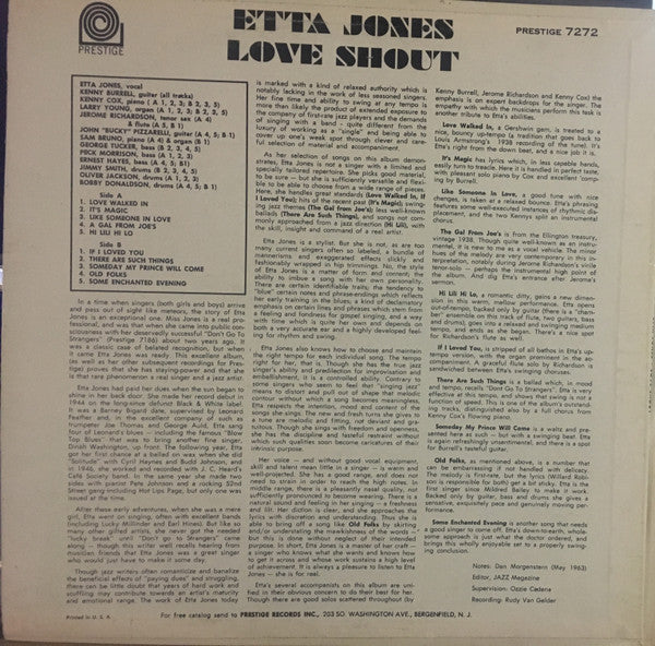 Etta Jones - Love Shout - VG+ LP Record 1963 Prestige USA Stereo Original Vinyl & Insert - Jazz - Shuga Records