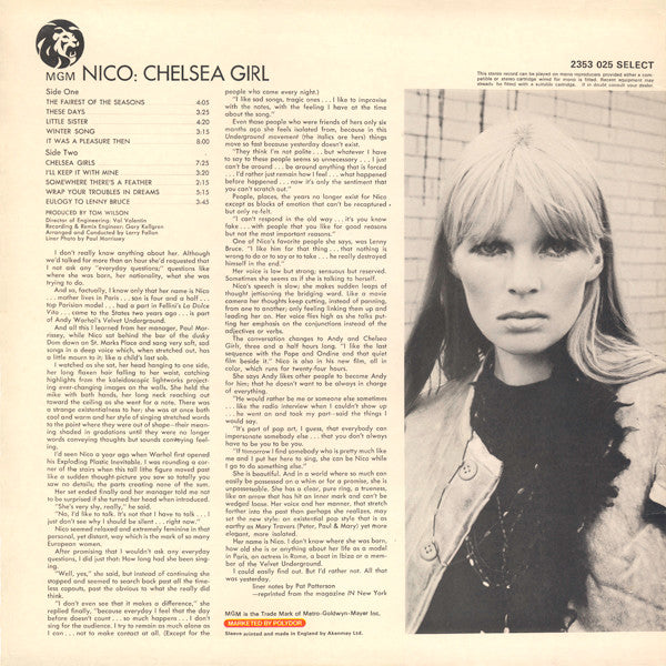 Nico - Chelsea Girl (1967) - Mint- LP Record 1978 MGM UK Vinyl - Rock / Folk Rock / Avantgarde - Shuga Records
