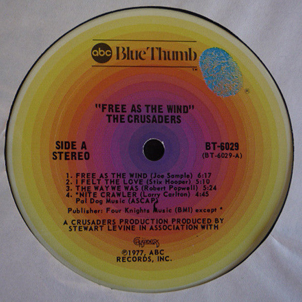 The Crusaders - Free As The Wind - VG+ LP Record 1977 ABC Blue Thumb USA - Jazz / Jazz-Funk - Shuga Records
