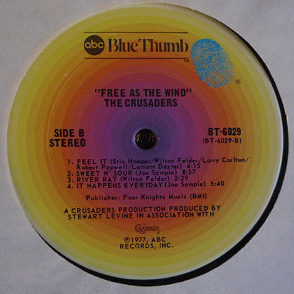 The Crusaders - Free As The Wind - VG+ LP Record 1977 ABC Blue Thumb USA - Jazz / Jazz-Funk - Shuga Records