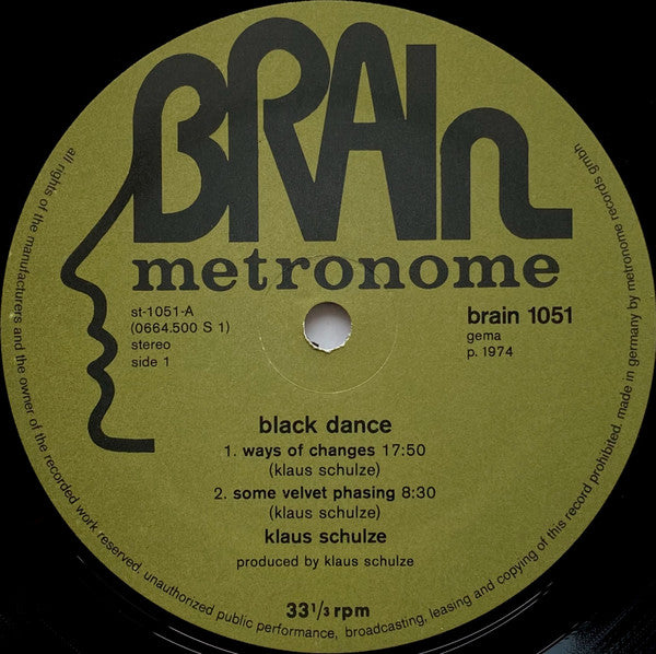 Klaus Schulze – Blackdance - VG+ LP Record 1974 Brain Germany Vinyl - Electronic / Ambient / Berlin-School - Shuga Records