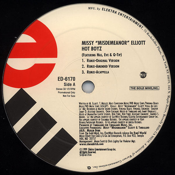 Missy "Misdemeanor" Elliott - Hot Boyz Featuring Nas & Q-Tip - VG+ 12" Single Record 1999 Elektra EastWest USA Promo Vinyl - Hip Hop - Shuga Records