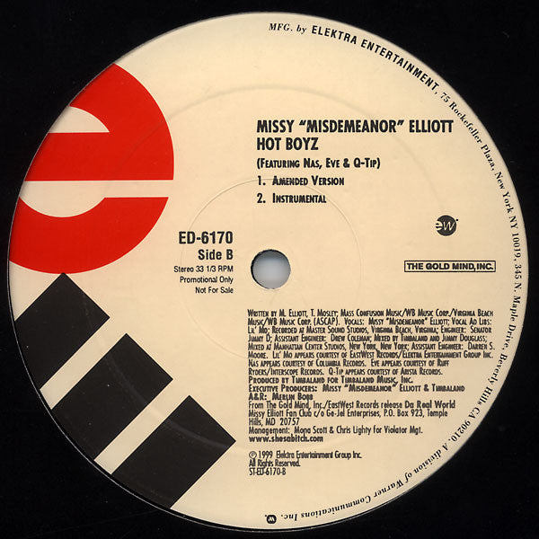 Missy "Misdemeanor" Elliott - Hot Boyz Featuring Nas & Q-Tip - VG+ 12" Single Record 1999 Elektra EastWest USA Promo Vinyl - Hip Hop - Shuga Records
