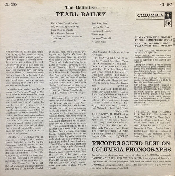 Pearl Bailey - The Definitive - VG+ LP Record 1957 Columbia USA Mono Vinyl - Jazz Vocal