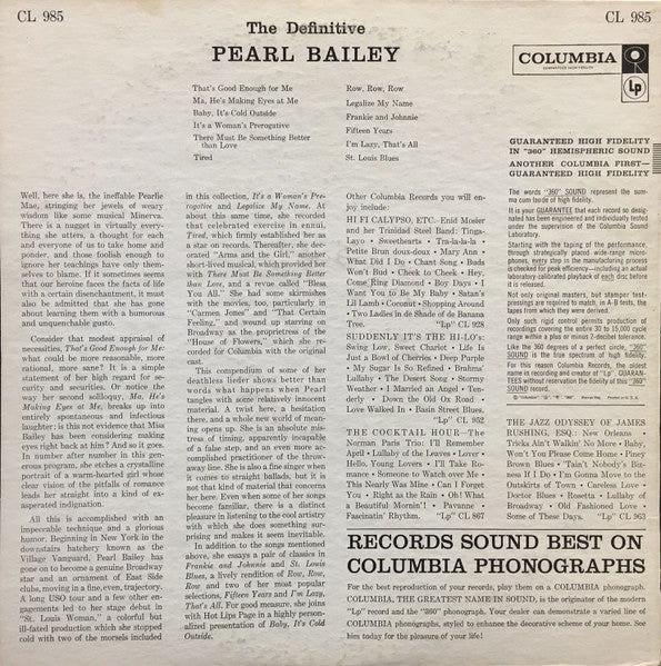 Pearl Bailey - The Definitive - VG+ LP Record 1957 Columbia USA Mono Vinyl - Jazz Vocal - Shuga Records