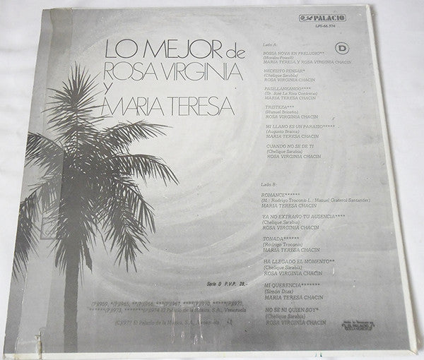 Maria Teresa Chacin / Rosa Virginia Chacin – Lo Mejor De Rosa Virginia y Maria Teresa - VG+ LP Record 1977 Palacio Venezuela Vinyl - Latin - Shuga Records