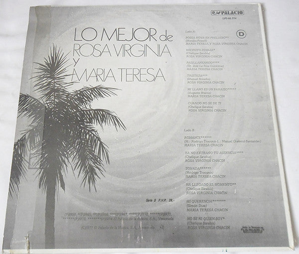 Maria Teresa Chacin / Rosa Virginia Chacin – Lo Mejor De Rosa Virginia y Maria Teresa - VG+ LP Record 1977 Palacio Venezuela Vinyl - Latin