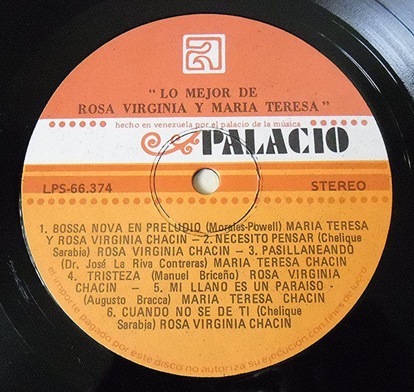 Maria Teresa Chacin / Rosa Virginia Chacin – Lo Mejor De Rosa Virginia y Maria Teresa - VG+ LP Record 1977 Palacio Venezuela Vinyl - Latin - Shuga Records