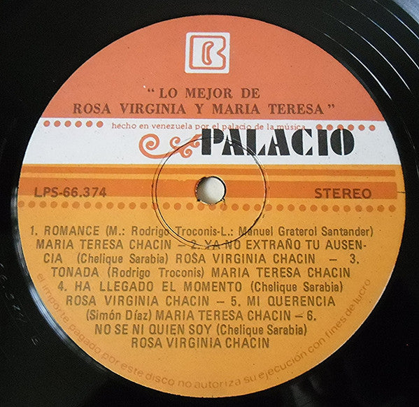 Maria Teresa Chacin / Rosa Virginia Chacin – Lo Mejor De Rosa Virginia y Maria Teresa - VG+ LP Record 1977 Palacio Venezuela Vinyl - Latin - Shuga Records