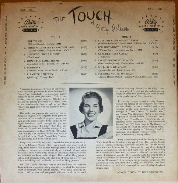 Betty Johnson ‎– The Touch of Betty Johnson - VG+ LP Record 1956 Bally USA Vinyl - Jazz / Vocal - Shuga Records
