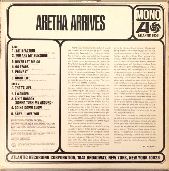 Aretha Franklin – Aretha Arrives - VG- Poor (low grade) LP Record 1967 Atlantic USA Mono White Label Promo Vinyl - Soul - Shuga Records