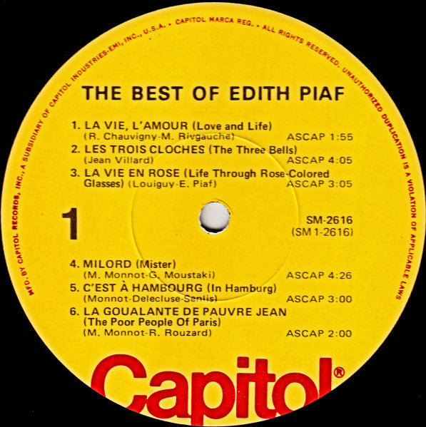 Edith Piaf - The Best Of Edith Piaf (1962) Mint- LP Record 1976 Capitol USA Vinyl - Pop / French / Chanson - Shuga Records
