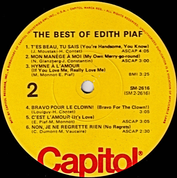 Edith Piaf - The Best Of Edith Piaf (1962) Mint- LP Record 1976 Capitol USA Vinyl - Pop / French / Chanson - Shuga Records