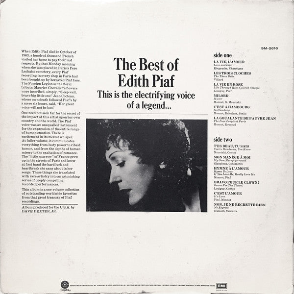 Edith Piaf - The Best Of Edith Piaf (1962) Mint- LP Record 1976 Capitol USA Vinyl - Pop / French / Chanson - Shuga Records