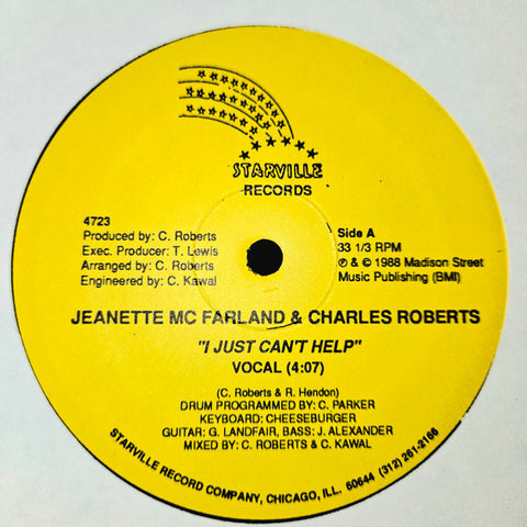 Jeanette McFarland & Charles Roberts - I Just Can't Help - Mint- 12" Single Record 1983 Starville USA RARE Vinyl - Chicago Soul / R&B / Funk - Shuga Records