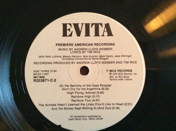 Andrew Lloyd Webber And Tim Rice - Evita: Premiere American Recording - Mint- 2 LP Record 1979 MCA Club Edition USA Vinyl & Book - Musical / Soundtrack - Shuga Records