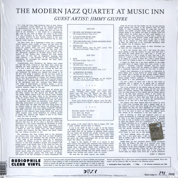 The Modern Jazz Quartet & Jimmy Giuffre - The Modern Jazz Quartet At Music Inn (1956) - Mint- LP Record 2015 Doxy Audiophile Clear Vinyl & Numbered - Jazz / Hard Bop / Cool Jazz - Shuga Records