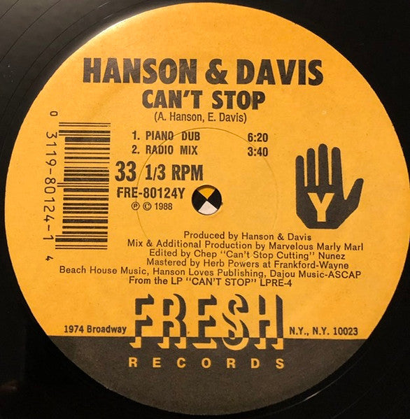 Hanson & David - Can't Stop - VG+ 12" Single Record 1988 Fresh USA Vinyl - Garage House - Shuga Records