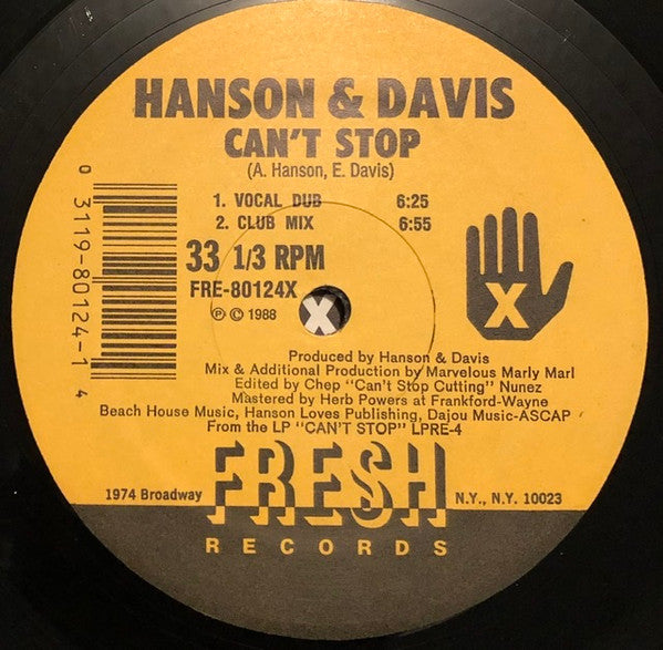 Hanson & David - Can't Stop - VG+ 12" Single Record 1988 Fresh USA Vinyl - Garage House - Shuga Records