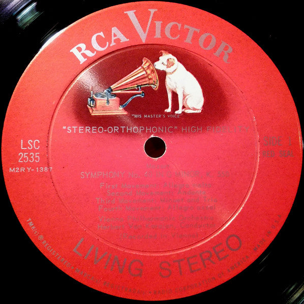 Mozart / Haydn - Vienna Philharmonic, Herbert Von Karajan – Mozart Symphony In G Minor, K. 550 / Haydn Symphony In D Major, No. 104 - VG LP Record 1961 RCA Living Stereo USA SD Vinyl Shaded Dog - Classical