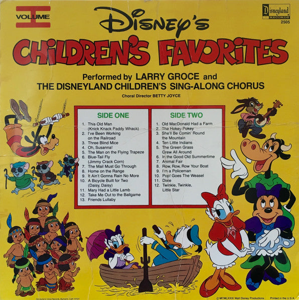 Larry Groce And The Disneyland Children's Sing-Along Chorus - Disney's Children's Favorites Volume I (1979) - VG+ LP Record 1986 Disneyland USA Vinyl - Children's / Nursery Rhymes - Shuga Records