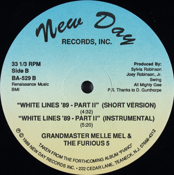 Grandmaster Melle Mel & The Furious 5 - White Lines '89 - Part II - Mint- 12" Single Record 1989 New Day USA Original Vinyl - Hip Hop - Shuga Records