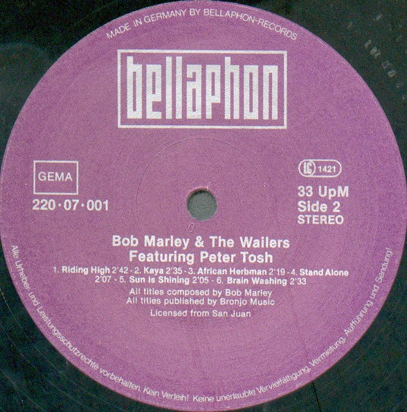 Bob Marley & The Wailers & Featuring Peter Tosh - VG- (Lower grade vinyl) LP Record 1981 Bellaphon Germany Vinyl - Reggae / Roots Reggae - Shuga Records