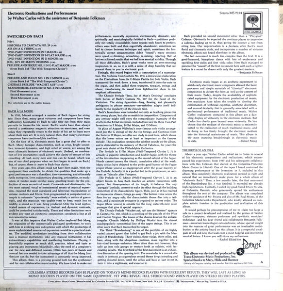 Walter Carlos - Switched-On Bach (1968) - VG+ LP Record 1970 Columbia USA Vinyl - Modern Classical / Moog / Electronic - Shuga Records